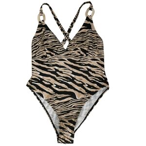 VENUS Black and Tan Zebra-Print One-Piece Swimsuit